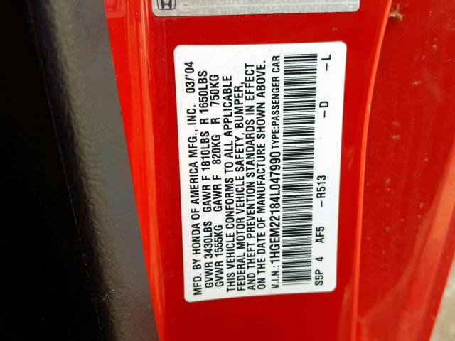 1HGEM22184L047990 - 2004 HONDA CIVIC DX V RED photo 10