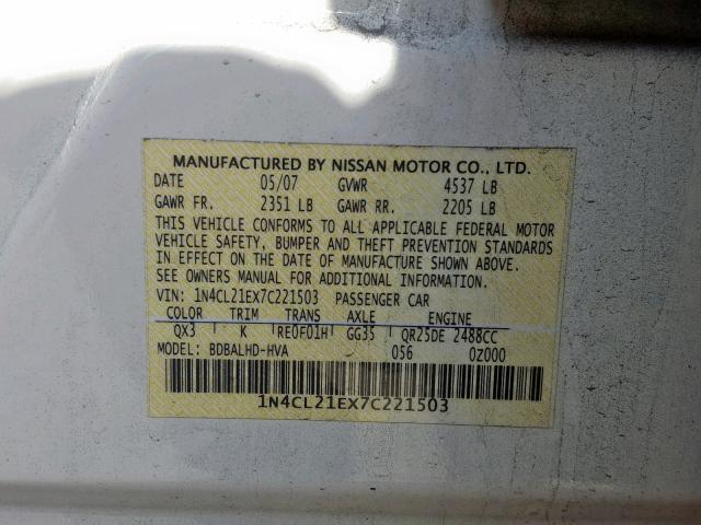 1N4CL21EX7C221503 - 2007 NISSAN ALTIMA HYB WHITE photo 10