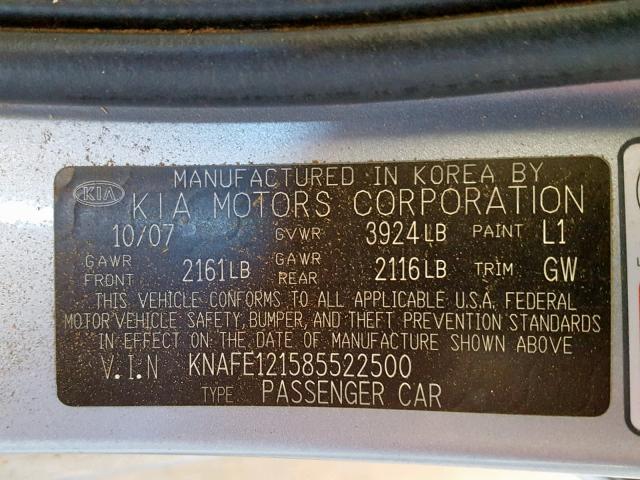 KNAFE121585522500 - 2008 KIA SPECTRA EX SILVER photo 10