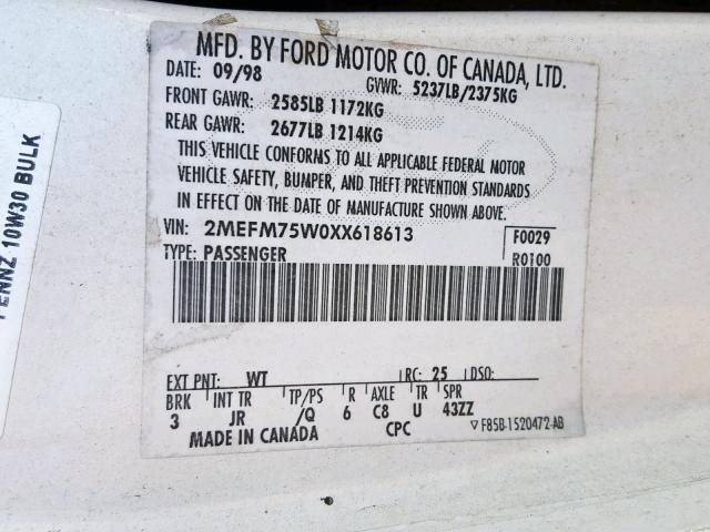 2MEFM75W0XX618613 - 1999 MERCURY GRAND MARQ WHITE photo 10