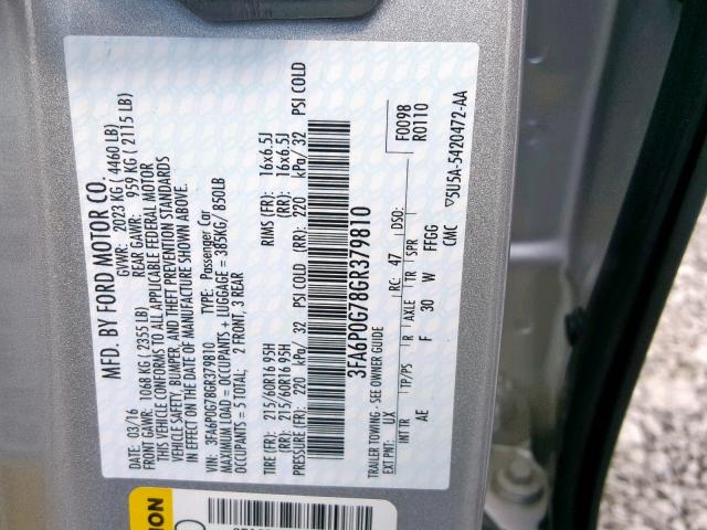 3FA6P0G78GR379810 - 2016 FORD FUSION S GRAY photo 10