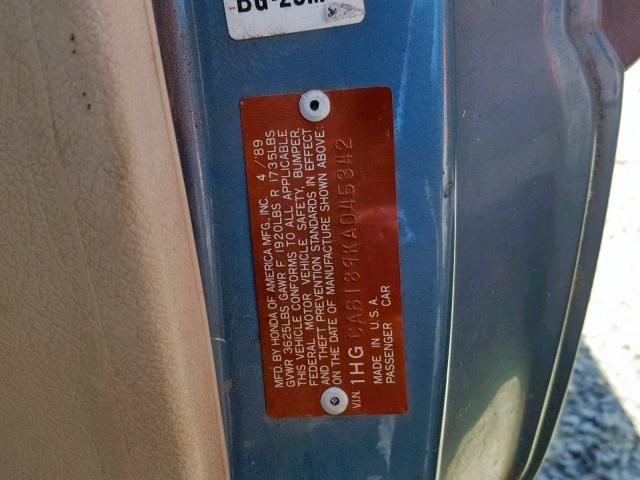 1HGCA6189KA045342 - 1989 HONDA ACCORD LXI GREEN photo 10