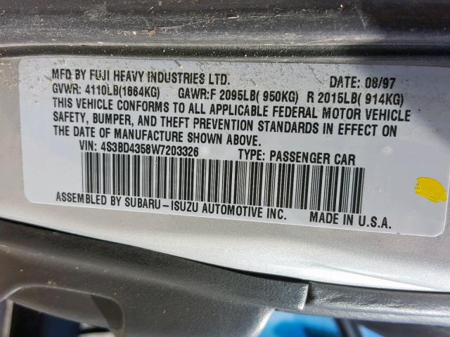 4S3BD4358W7203326 - 1998 SUBARU LEGACY L SILVER photo 10