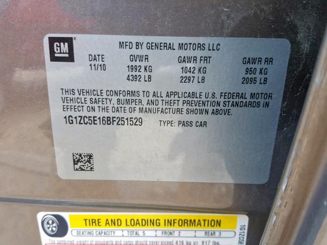 1G1ZC5E16BF251529 - 2011 CHEVROLET MALIBU 1LT 棕色 照片 10