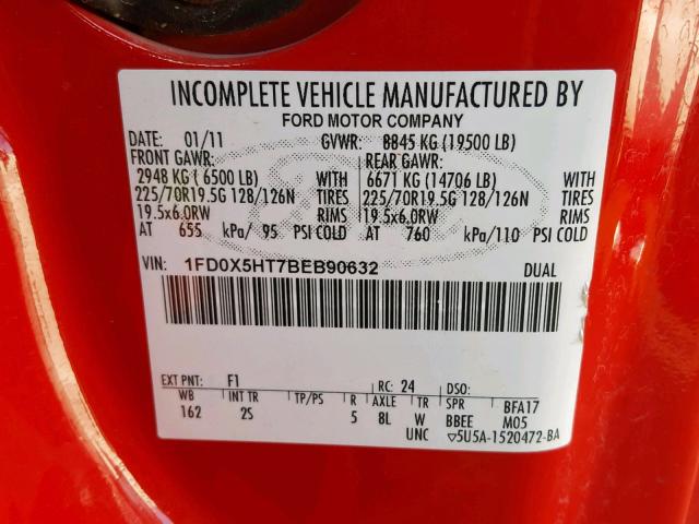 1FD0X5HT7BEB90632 - 2011 FORD F550 SUPER RED photo 10