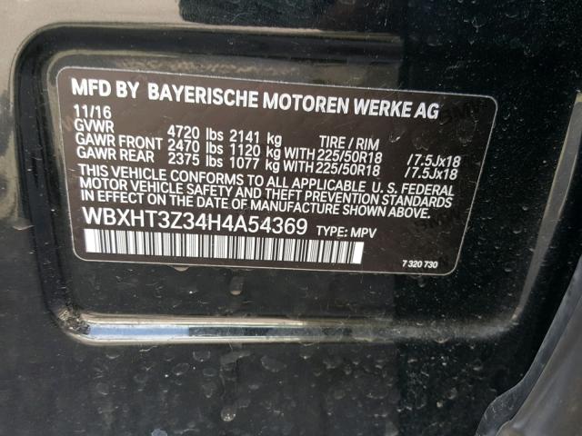WBXHT3Z34H4A54369 - 2017 BMW X1 XDRIVE2 BLACK photo 10