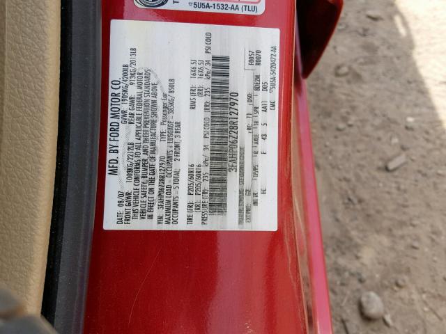 3FAHP06Z28R127970 - 2008 FORD FUSION S RED photo 10