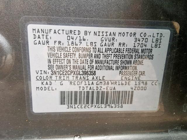 3N1CE2CPXGL396358 - 2016 NISSAN VERSA NOTE GRAY photo 10