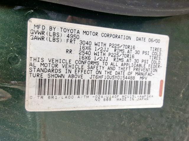 JT6HF10U5Y0154488 - 2000 LEXUS RX 300 GREEN photo 10