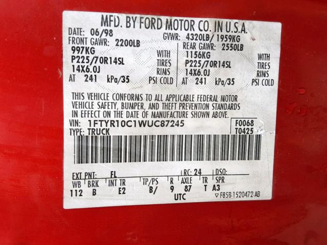 1FTYR10C1WUC87245 - 1998 FORD RANGER RED photo 10