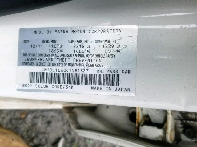 JM1BL1L60C1581827 - 2012 MAZDA 3 S WHITE photo 10