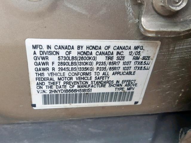 2HNYD18666H518151 - 2006 ACURA MDX TOURIN TAN photo 10