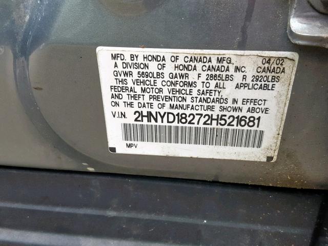 2HNYD18272H521681 - 2002 ACURA MDX GRAY photo 10