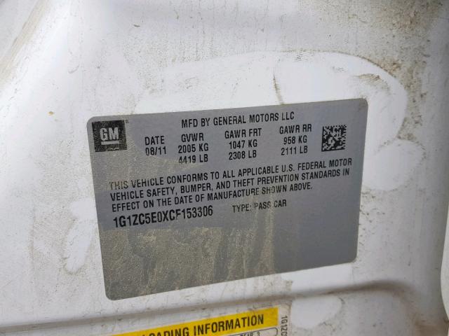 1G1ZC5E0XCF153306 - 2012 CHEVROLET MALIBU 1LT 白色 照片 10