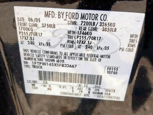 1FTPW145X5FB33667 - 2005 FORD F150 SUPER BLACK photo 10