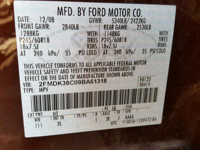 2FMDK38C09BA61318 - 2009 FORD EDGE SEL MAROON photo 10