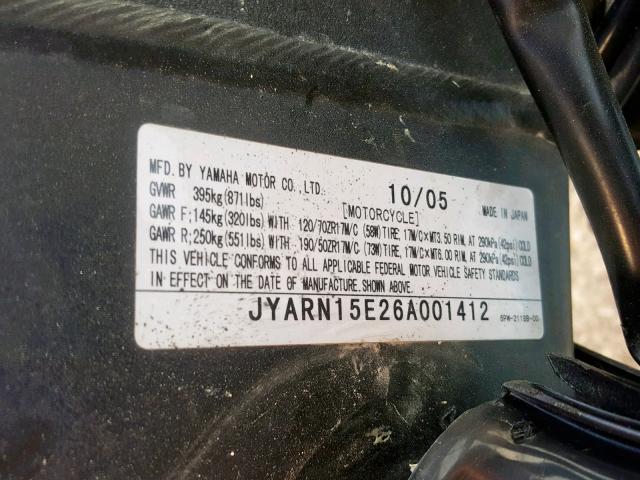 JYARN15E26A001412 - 2006 YAMAHA YZFR1 BLUE photo 10