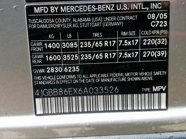 4JGBB86EX6A033526 - 2006 MERCEDES-BENZ ML 350 SILVER photo 10