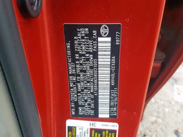 4T1BB46K58U031005 - 2008 TOYOTA CAMRY HYBR RED photo 10