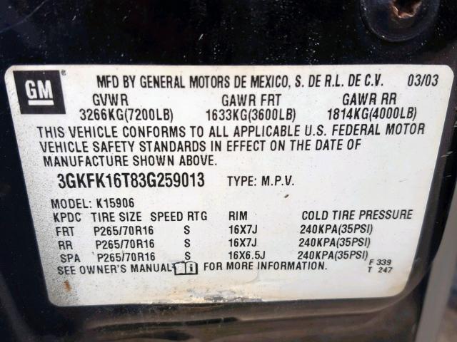 3GKFK16T83G259013 - 2003 GMC YUKON XL K BLACK photo 10