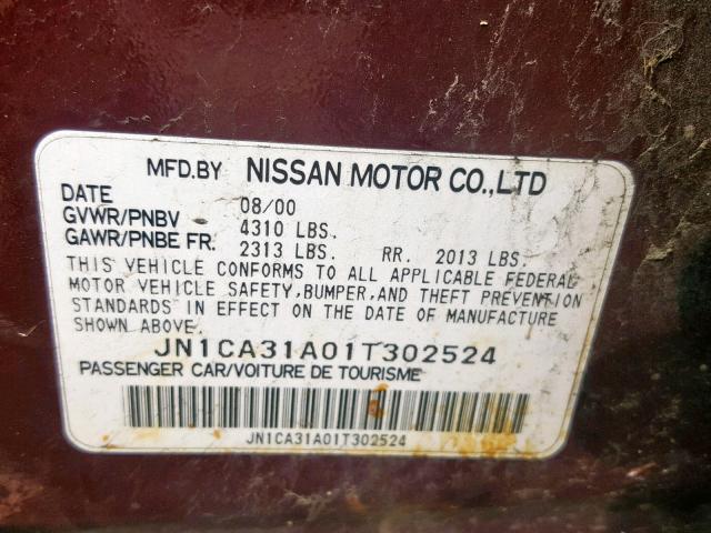 JN1CA31A01T302524 - 2001 NISSAN MAXIMA GXE BURGUNDY photo 10