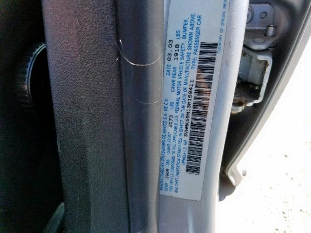 3VWRK69M13M159411 - 2003 VOLKSWAGEN JETTA GL SILVER photo 10