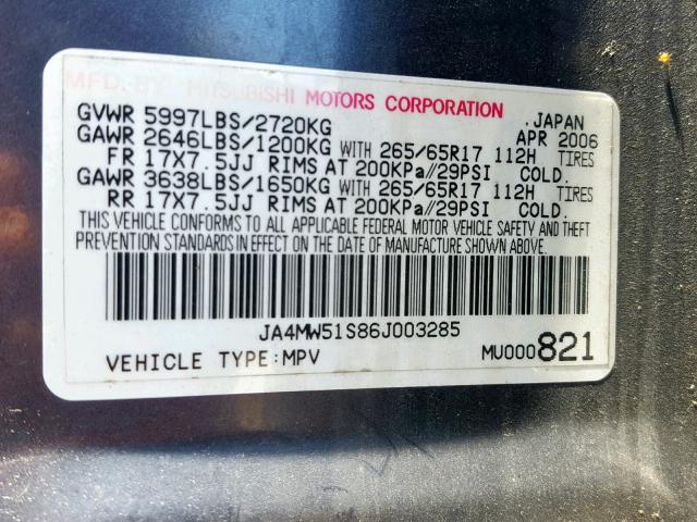 JA4MW51S86J003285 - 2006 MITSUBISHI MONTERO LI BLUE photo 10