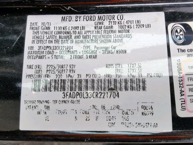 3FADP0L33CR221704 - 2012 FORD FUSION HYB BLACK photo 10