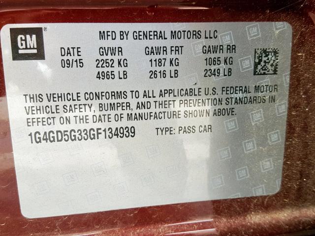 1G4GD5G33GF134939 - 2016 BUICK LACROSSE P BURGUNDY photo 10