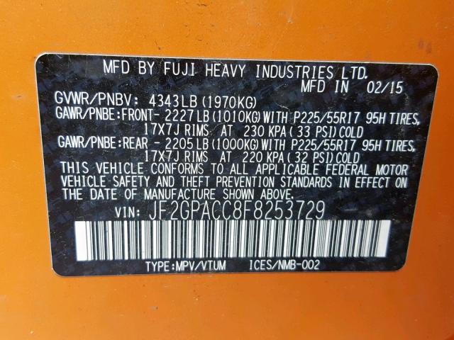 JF2GPACC8F8253729 - 2015 SUBARU XV CROSSTR ORANGE photo 10