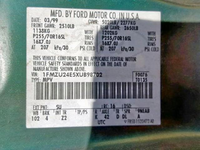 1FMZU24E5XUB98702 - 1999 FORD EXPLORER GREEN photo 10