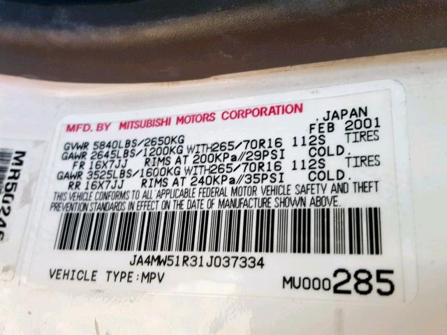 JA4MW51R31J037334 - 2001 MITSUBISHI MONTERO LI WHITE photo 10