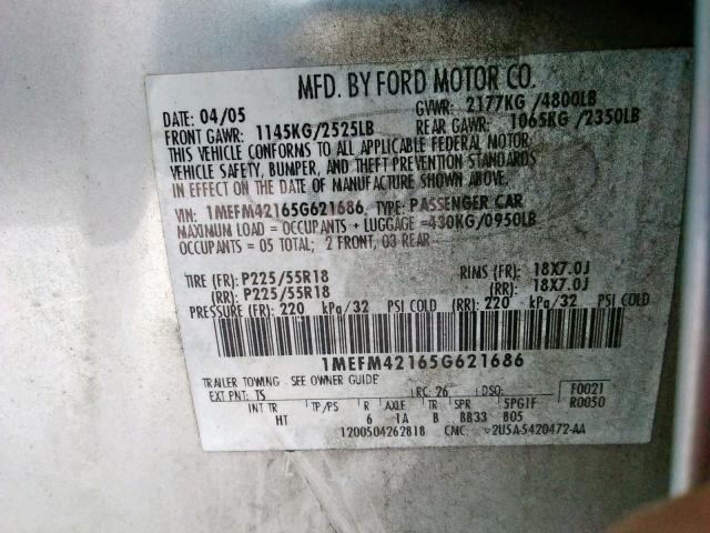 1MEFM42165G621686 - 2005 MERCURY MONTEGO PR 银色 照片 10