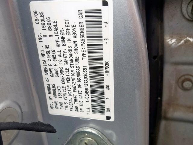 1HGCM56137A030551 - 2007 HONDA ACCORD VAL SILVER photo 10