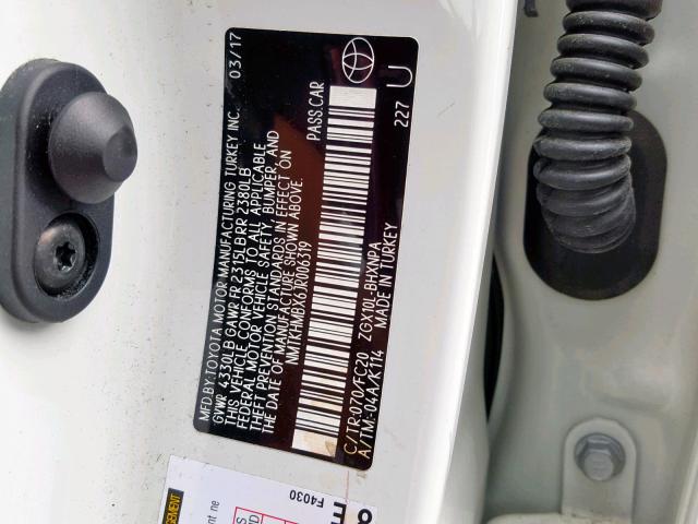 NMTKHMBX6JR006319 - 2018 TOYOTA C-HR XLE WHITE photo 10