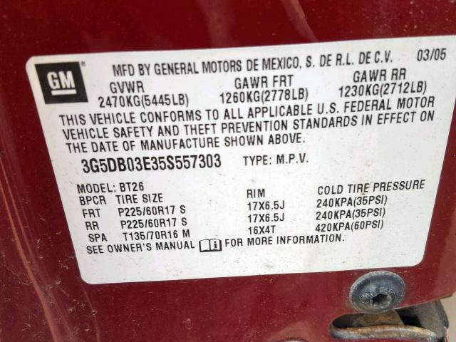 3G5DB03E35S557303 - 2005 BUICK RENDEZVOUS MAROON photo 10