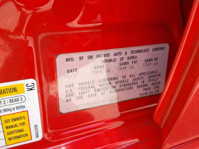 KL1TD56647B144120 - 2007 CHEVROLET AVEO BASE Қызыл фото 10