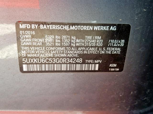 5UXKU6C53G0R34248 - 2016 BMW X6 XDRIVE5 GRAY photo 10