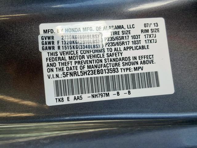 5FNRL5H23EB013593 - 2014 HONDA ODYSSEY LX GRAY photo 10