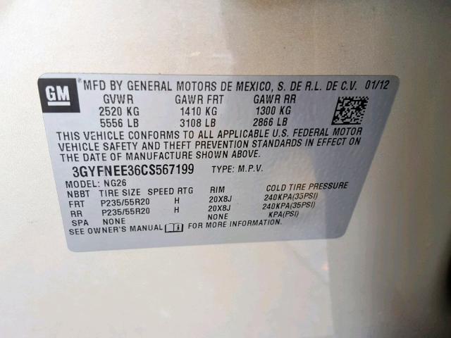 3GYFNEE36CS567199 - 2012 CADILLAC SRX PERFOR ბეჟი ფოტო 10