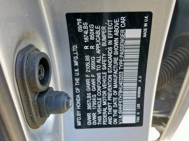 SHHFK7H78HU403203 - 2017 HONDA CIVIC EXL 银色 照片 10