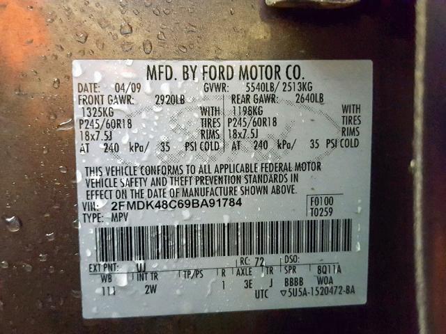 2FMDK48C69BA91784 - 2009 FORD EDGE SEL GRAY photo 10