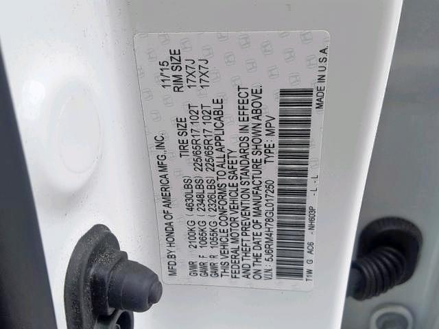 5J6RM4H78GL017250 - 2016 HONDA CR-V EXL WHITE photo 10