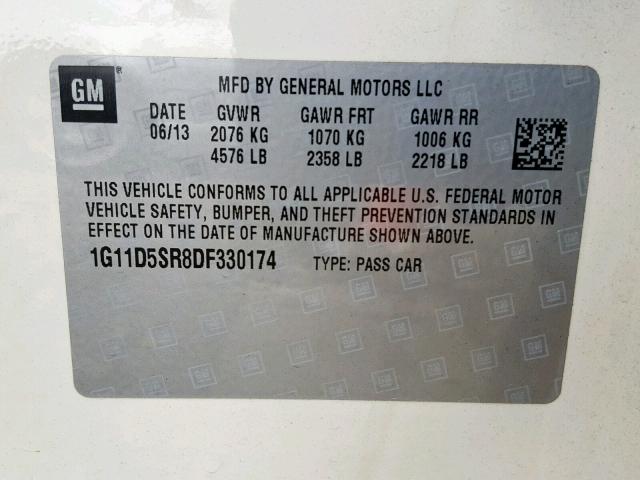 1G11D5SR8DF330174 - 2013 CHEVROLET MALIBU 1LT 白色 照片 10