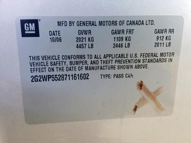 2G2WP552871161602 - 2007 PONTIAC GRAND PRIX SILVER photo 10