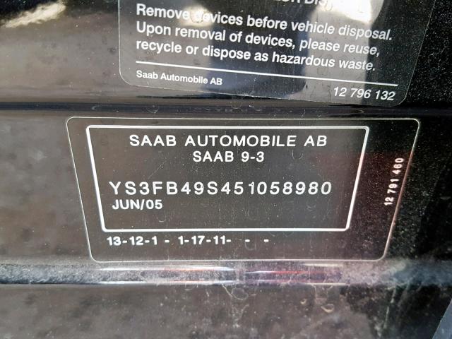 YS3FB49S451058980 - 2005 SAAB 9-3 LINEAR BLACK photo 10