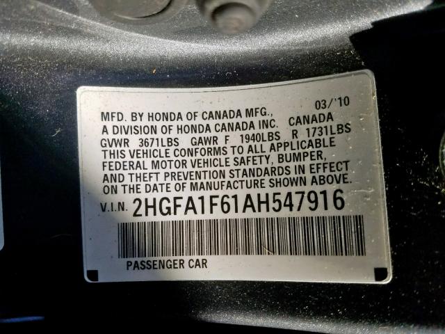 2HGFA1F61AH547916 - 2010 HONDA CIVIC LX-S Boz foto 10