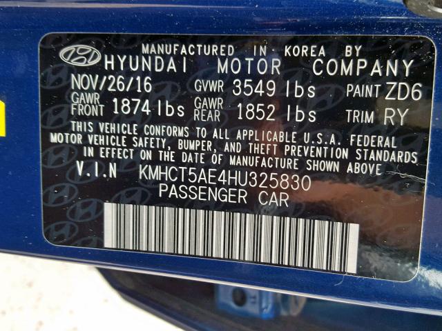 KMHCT5AE4HU325830 - 2017 HYUNDAI ACCENT SE BLUE photo 10