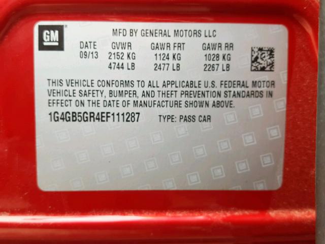 1G4GB5GR4EF111287 - 2014 BUICK LACROSSE RED photo 10