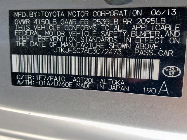 JTKJF5C76E3072473 - 2014 TOYOTA SCION TC ვერცხლისფერი ფოტო 10